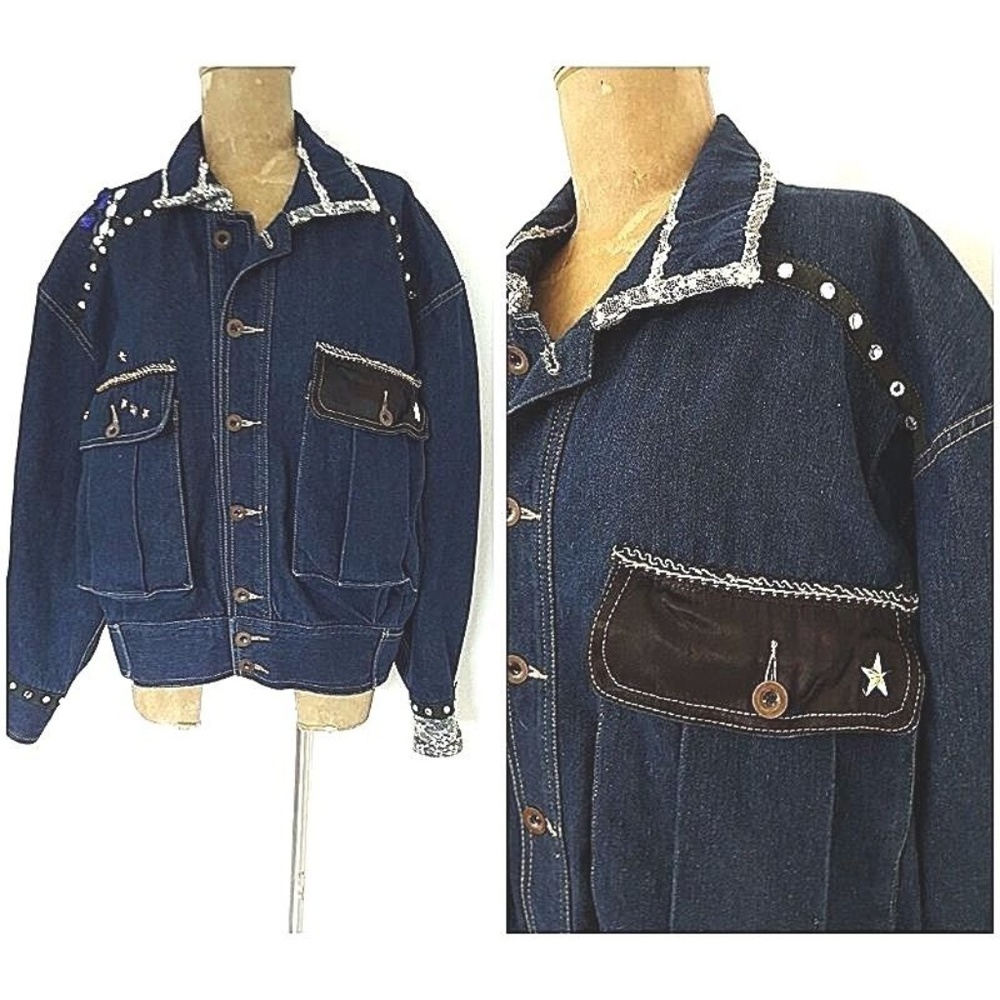 Vintage Gene Ewing Bis Grunge Denim Jacket Beaded Medium